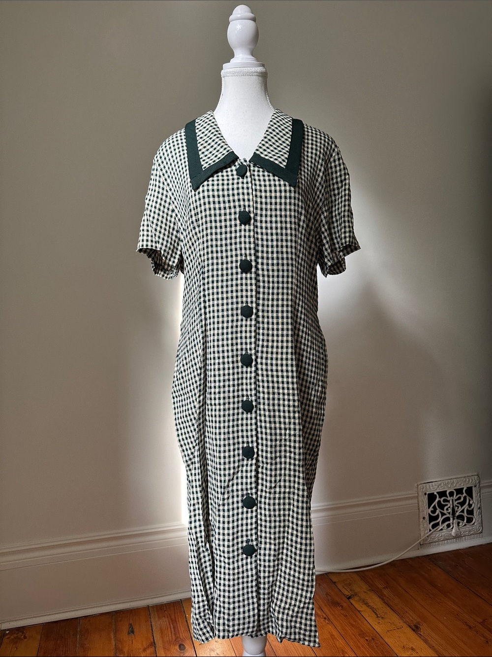 DAWN JOY FASHIONS Vintage Green Gingham Cottagecore Collared Midi Dress 9/10